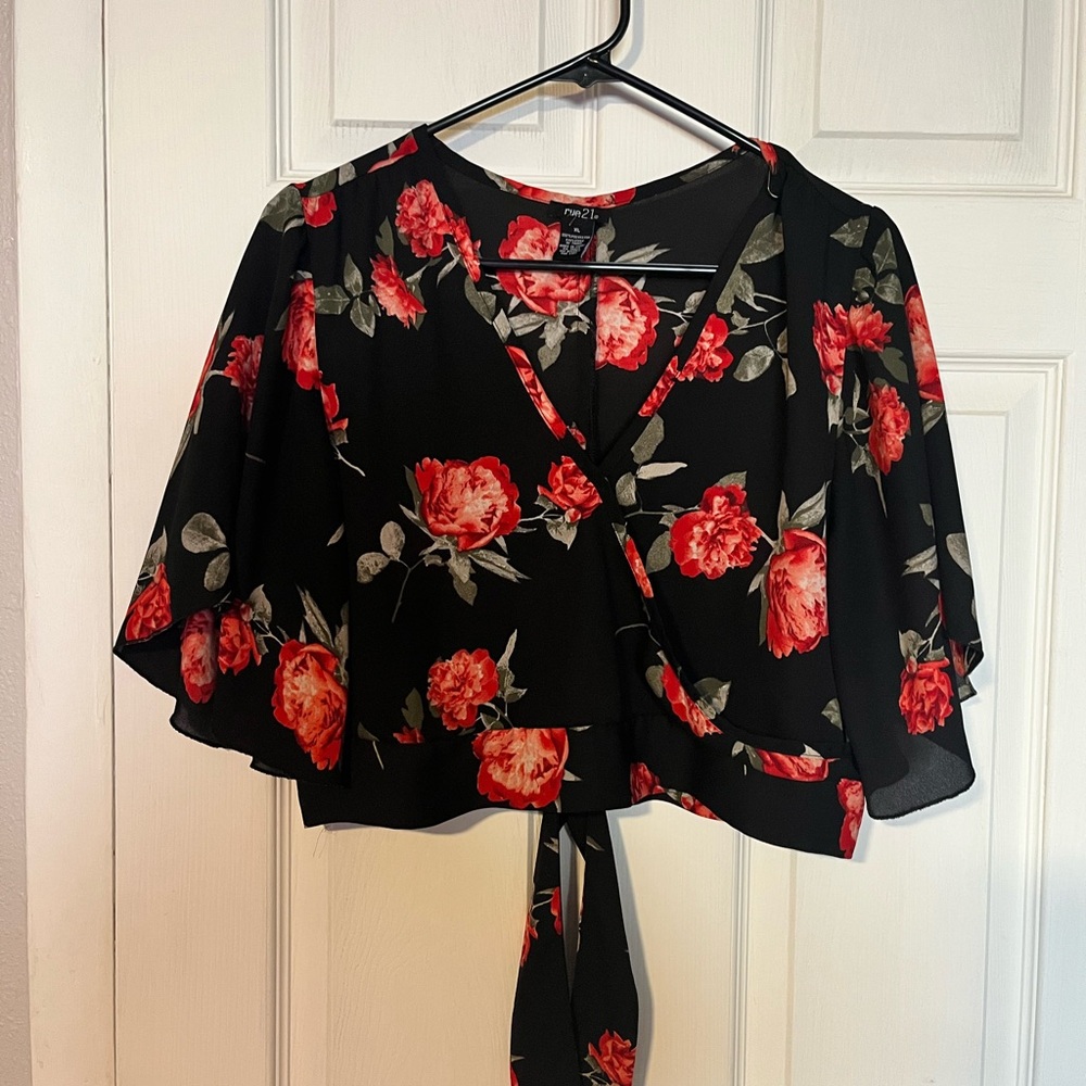 Floral Black Wrap Top